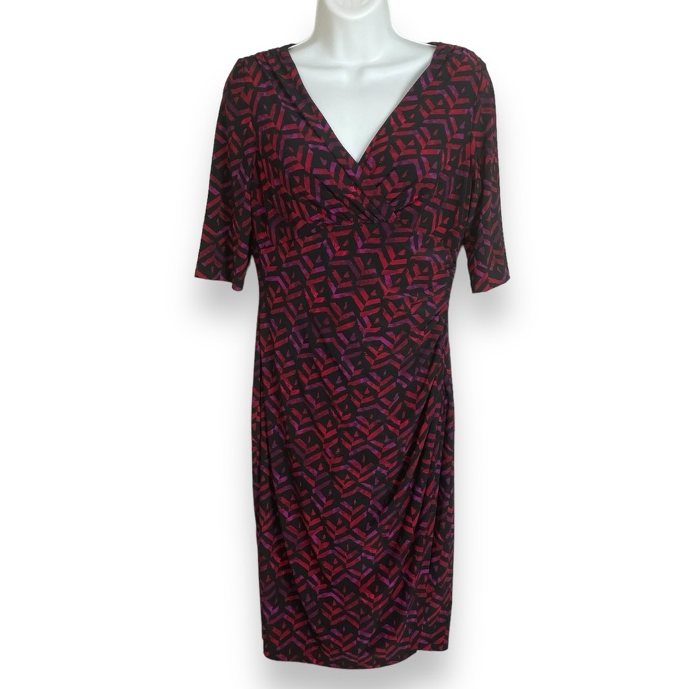 Ralph Lauren Faux Wrap Dress 3/4 Sleeve Size 6 Geometric Jersey Stretch Ruched